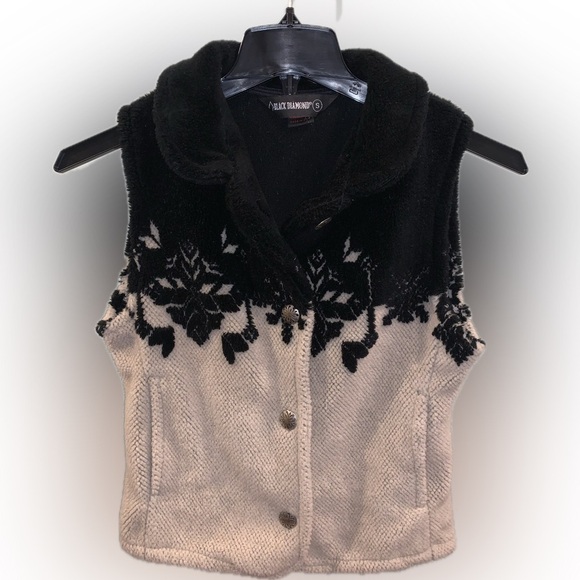 Black Diamond Vintage Snowflake Warm Fuzzy Winter Vest Small Fair Isle Black Tan - Picture 1 of 11